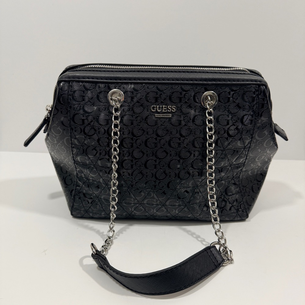 Guess Satchel Handbag Women Large Black Good Logo Embossed Chain Strap G-001